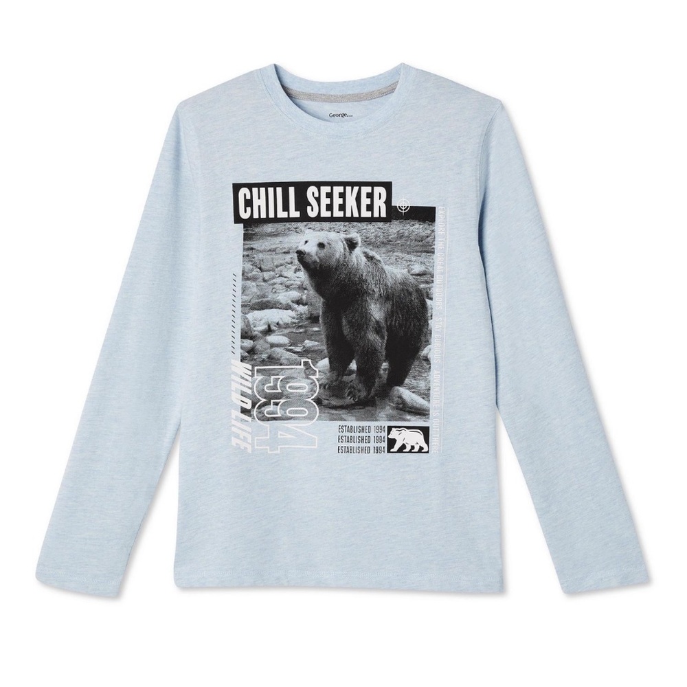 Boys Long-Sleeve Front Printed T-Shirt - Light Blue with Bear Graphic Print 🐻